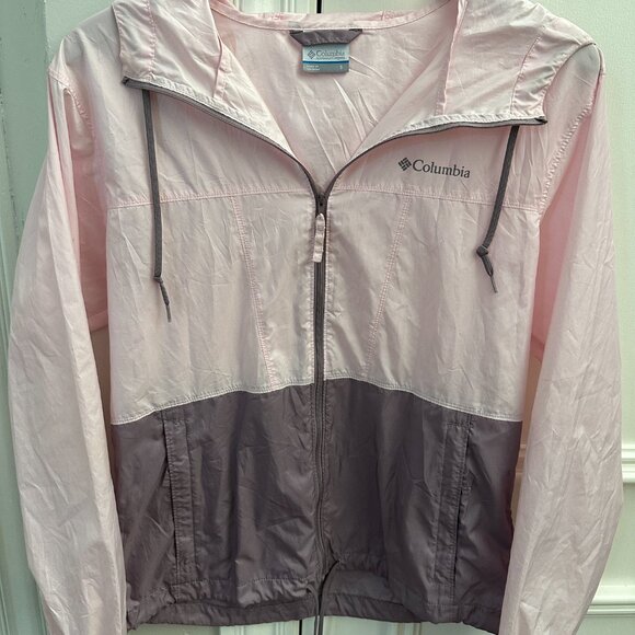 Columbia Women’s Hooded Windbreaker Small Pink Gray Full Zip Lightweight - Picture 1 of 6